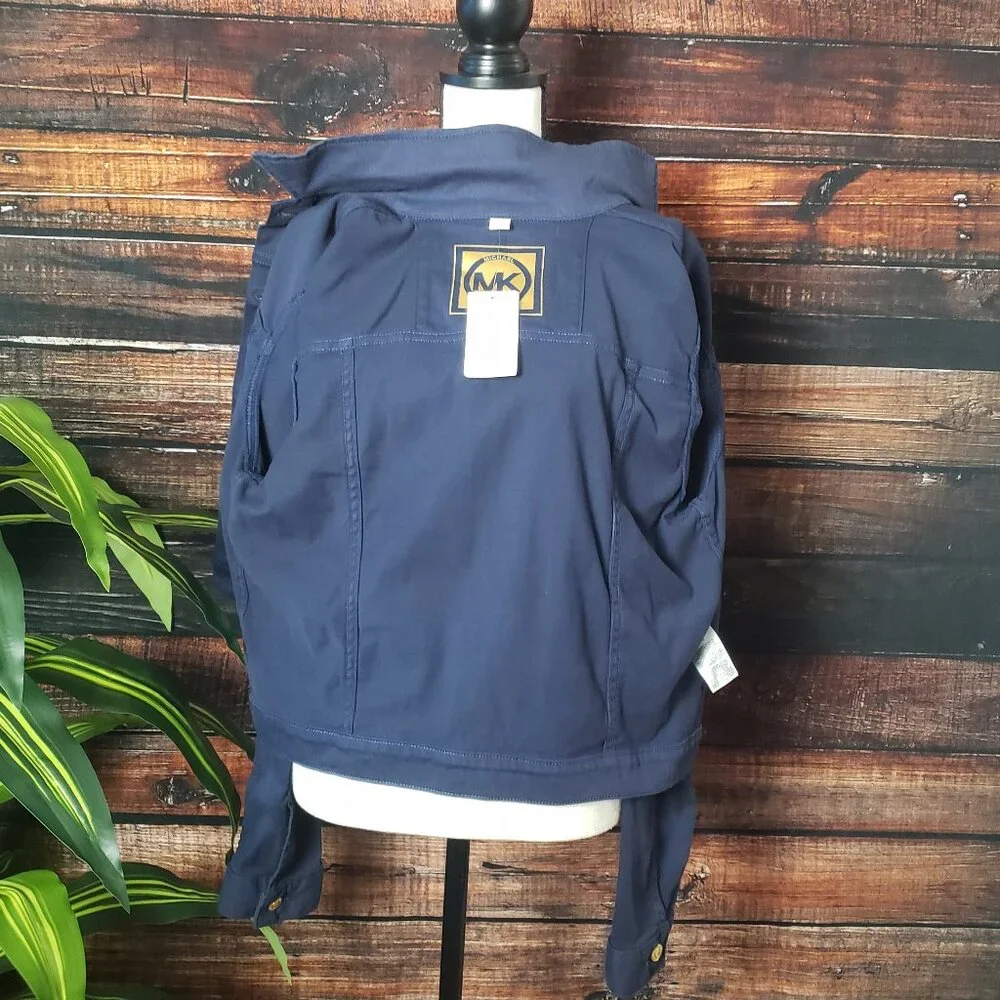 NWT Michael Kors Jacket L Navy Blue Cropped Cotton Stretch Gold Buttons